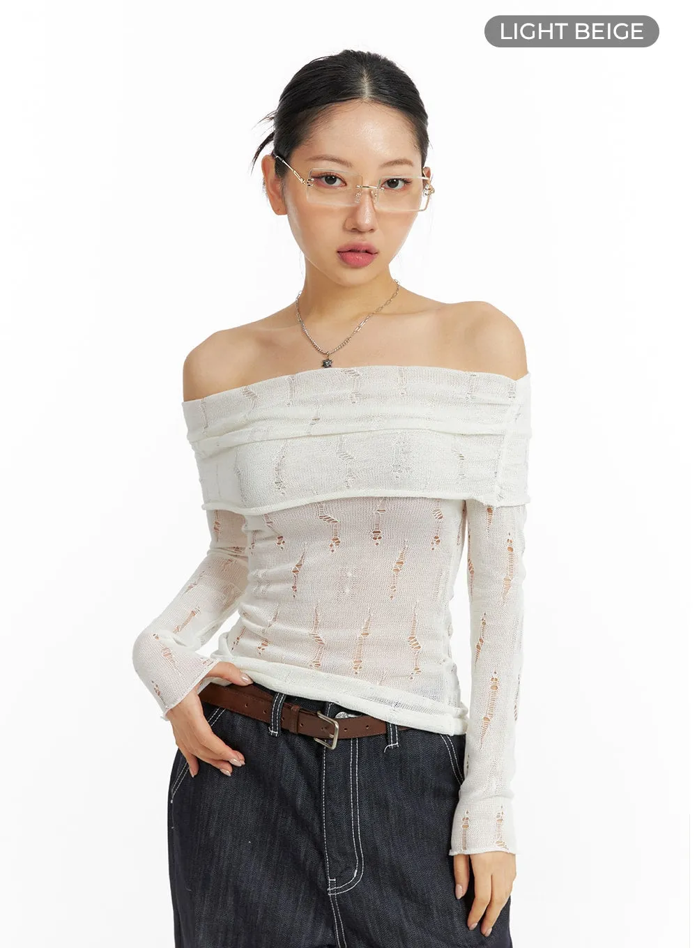 Destroyed Mesh Off-Shoulder Long Sleeve Tee CF416