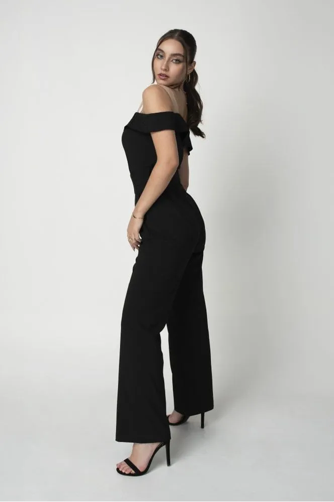 Double Second Black Off-shoulder Belted Shirt Jumpsuit