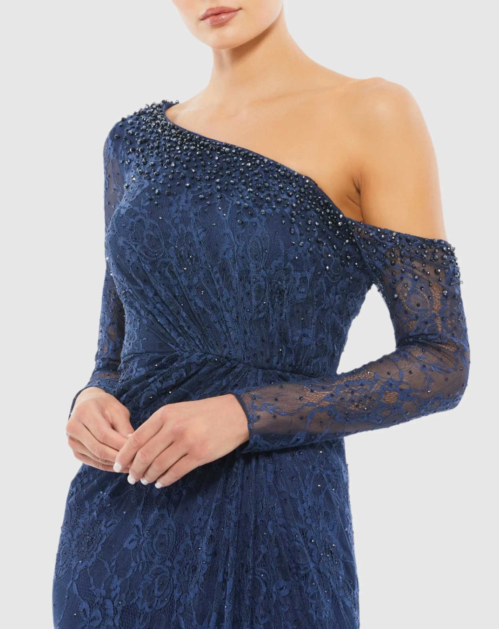 Draped Jewel Encrusted Lace Drop Shoulder Gown