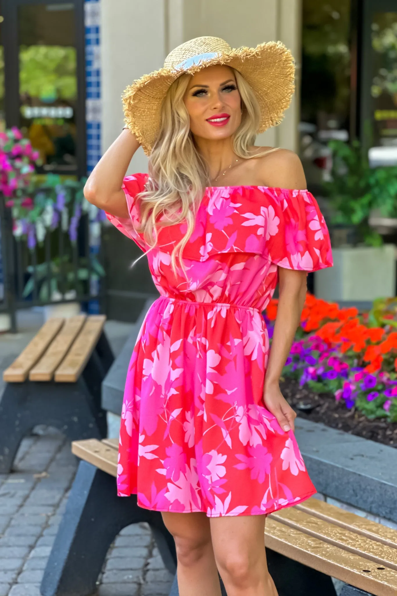 Dream Of The Day Off Shoulder Mini Dress : Coral/Pink