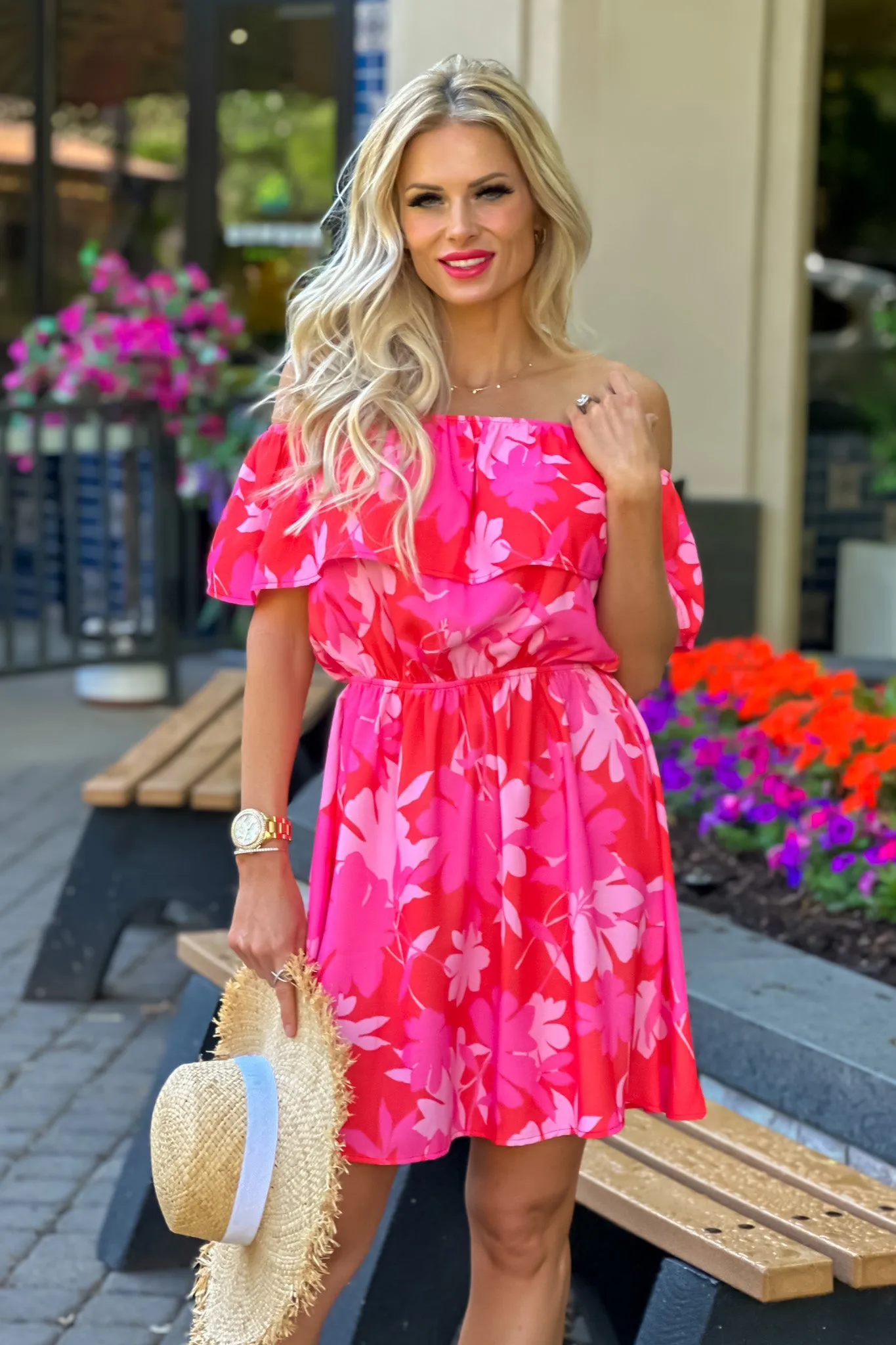 Dream Of The Day Off Shoulder Mini Dress : Coral/Pink