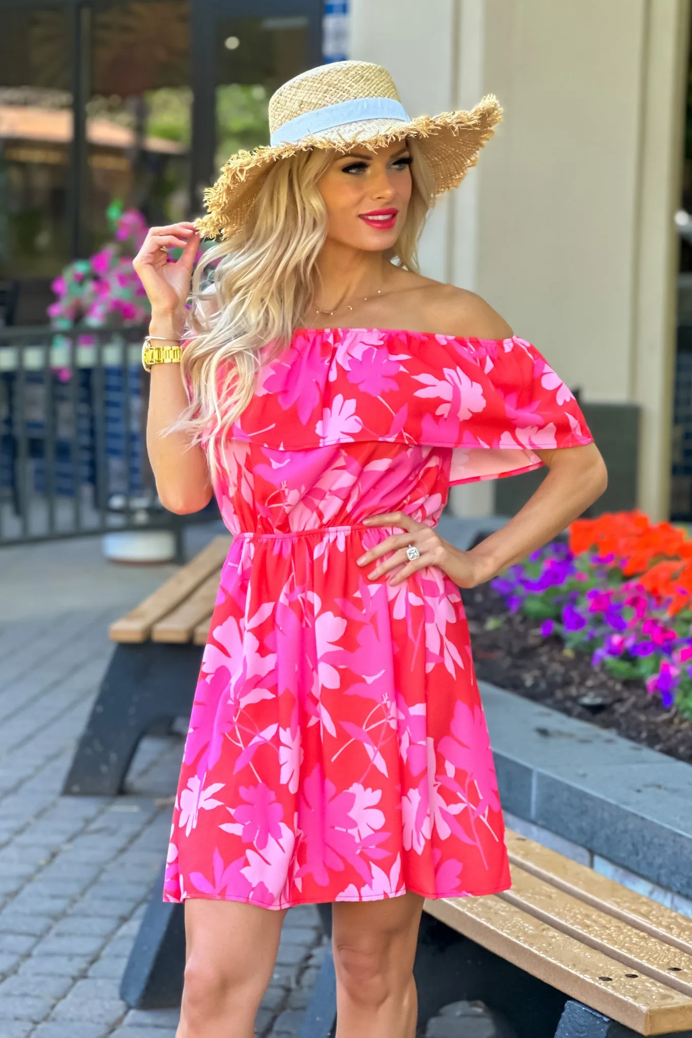 Dream Of The Day Off Shoulder Mini Dress : Coral/Pink