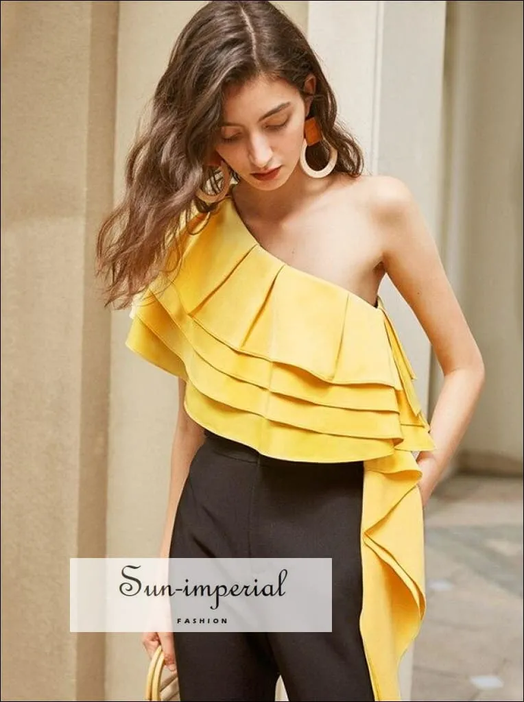 Elegant Satin Black Asymmetrical Women One Shoulder top with Layered Ruffles Hem detail Summer Blouse