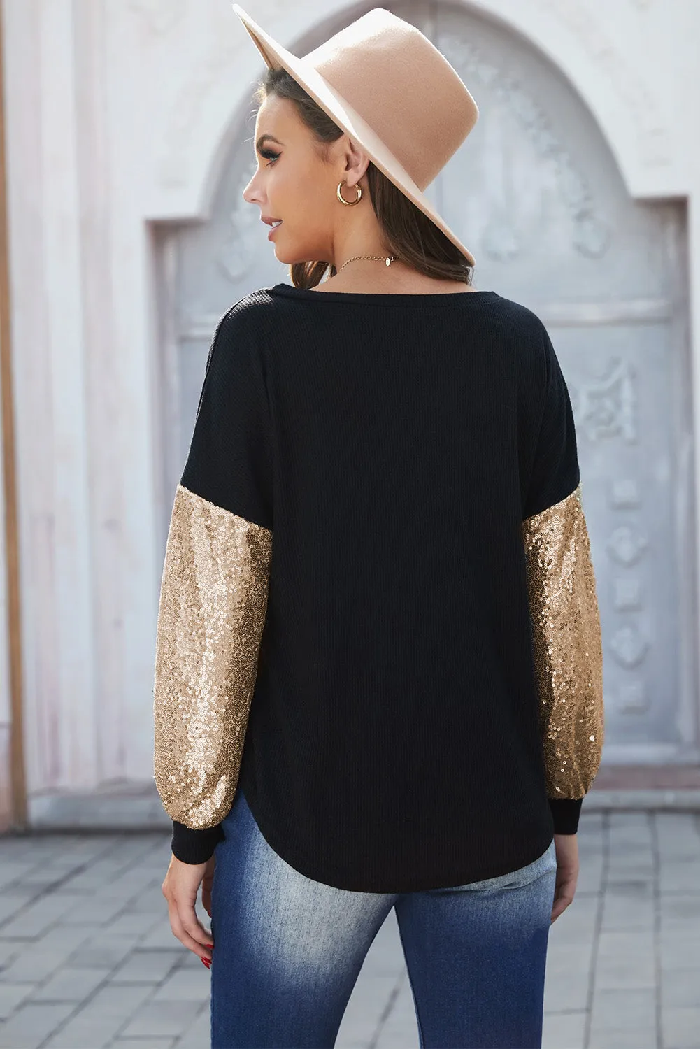 Fashion Black Sequin Splicing Black V Neck Bishop Sleeves Top