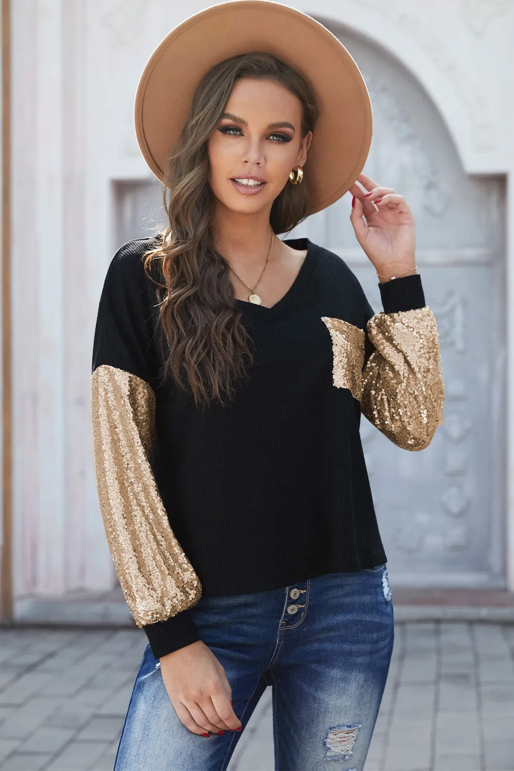 Fashion Black Sequin Splicing Black V Neck Bishop Sleeves Top