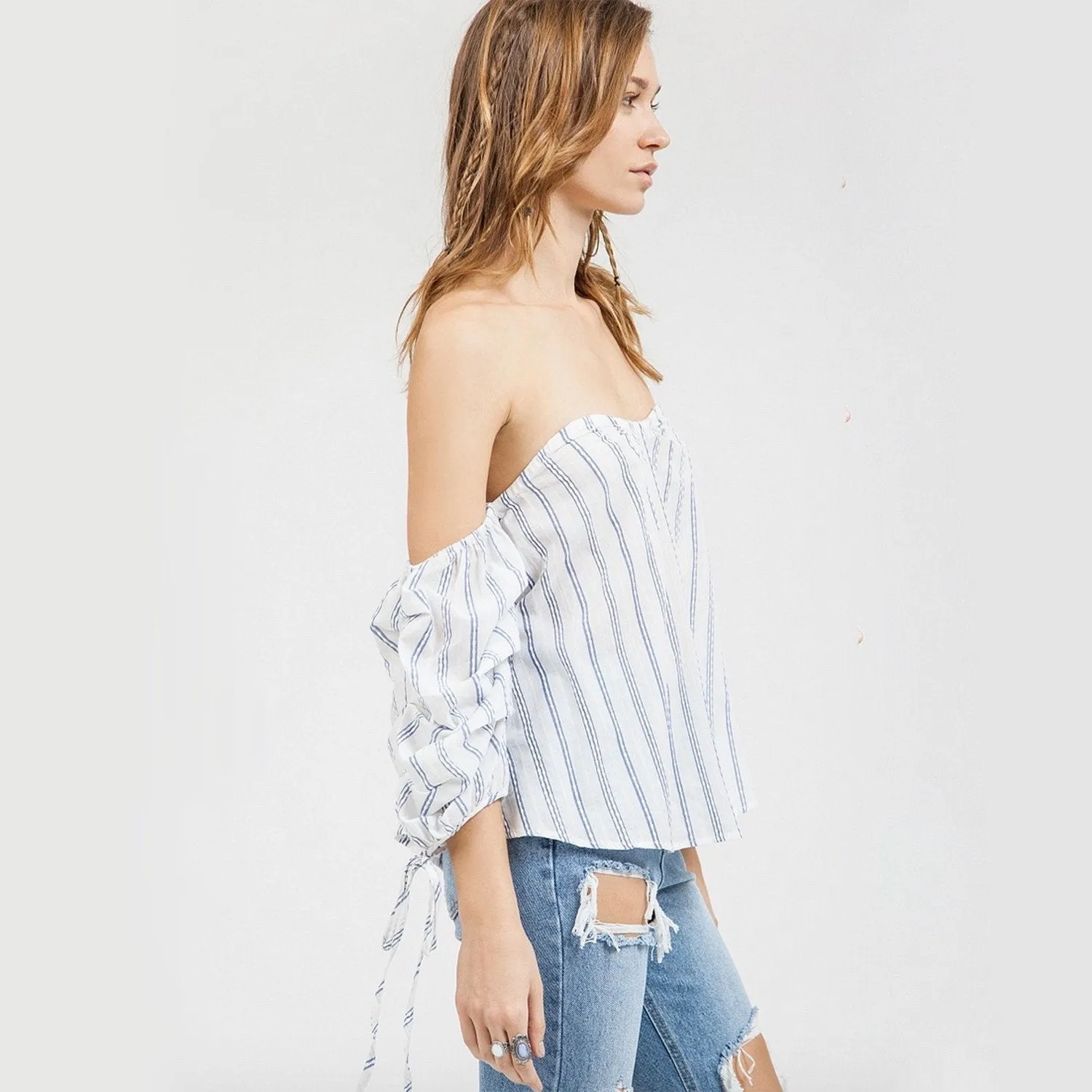 Final Sale - Blu Pepper - Off-The-Shoulder Striped Top - Ivory/Blue