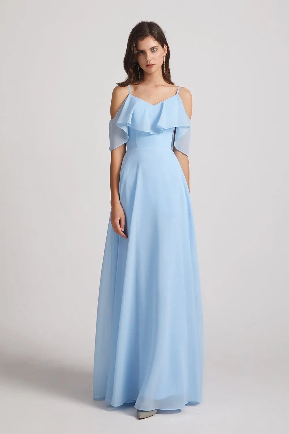 Flowy Chiffon Long Bohemian Cold Shoulder Bridesmaid Dresses (AF0075)