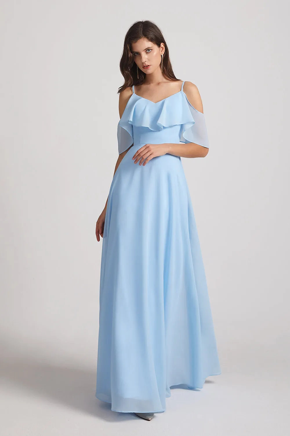 Flowy Chiffon Long Bohemian Cold Shoulder Bridesmaid Dresses (AF0075)