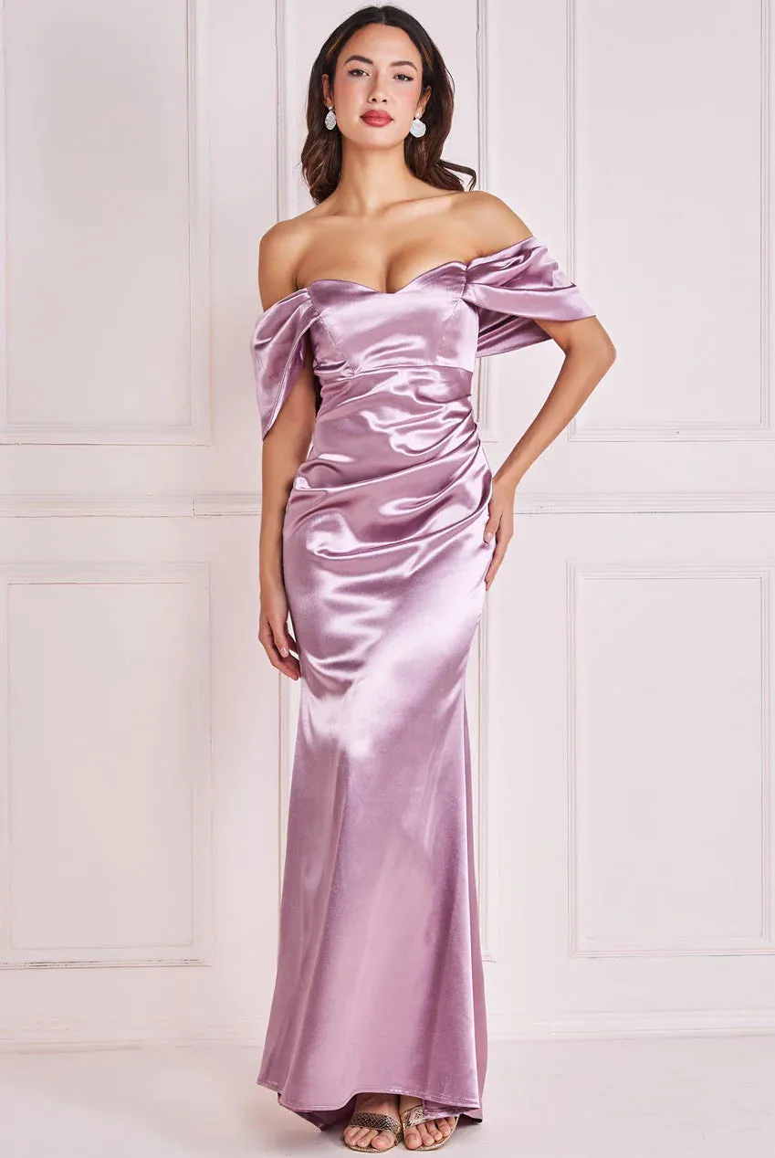 Goddiva Off Shoulder Satin Maxi With V Neck