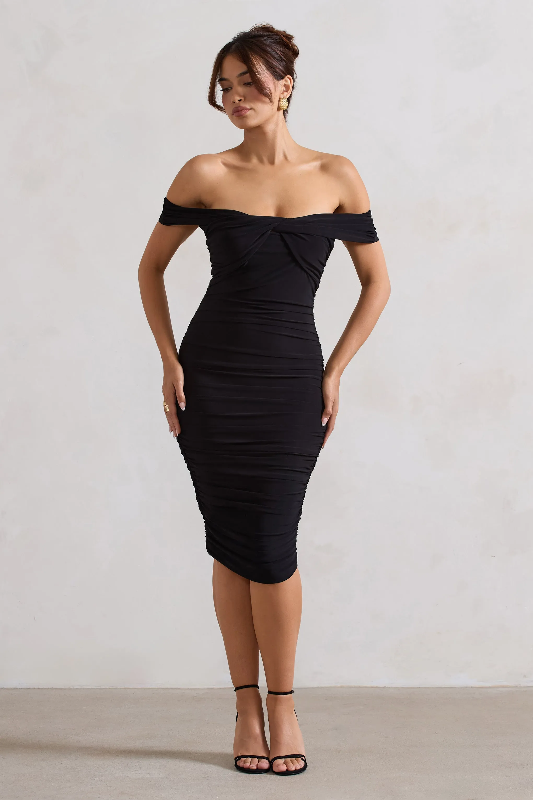 Gratitude | Black Velvet Off The Shoulder Ruched Midi Dress