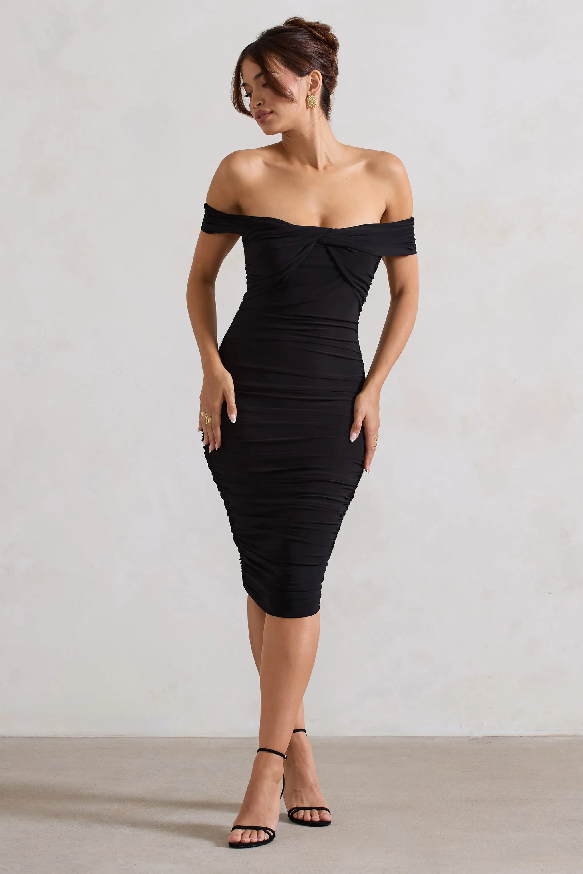 Gratitude | Black Velvet Off The Shoulder Ruched Midi Dress