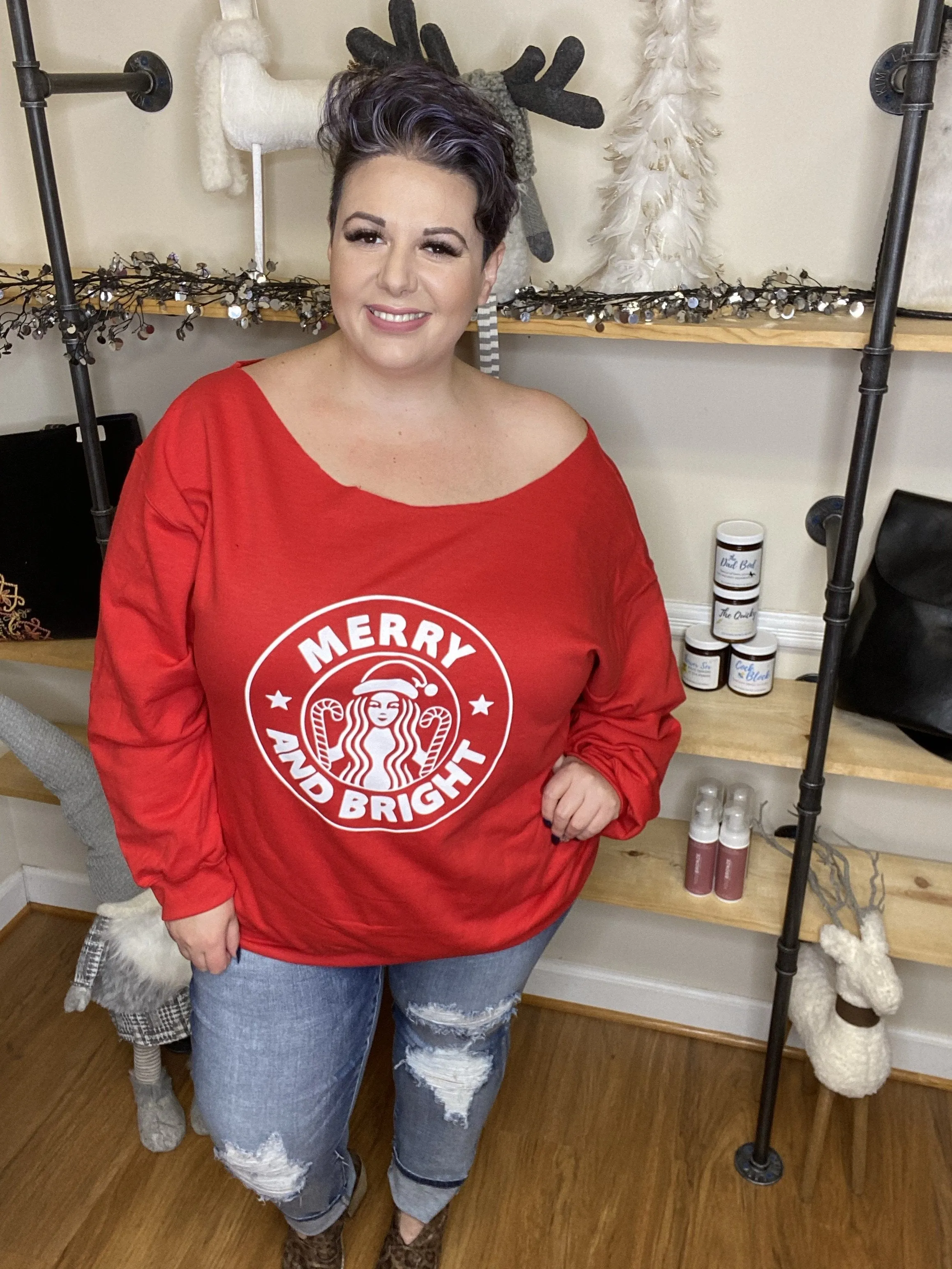 #H58 Merry And Bright Off The Shoulder Sweatshirt