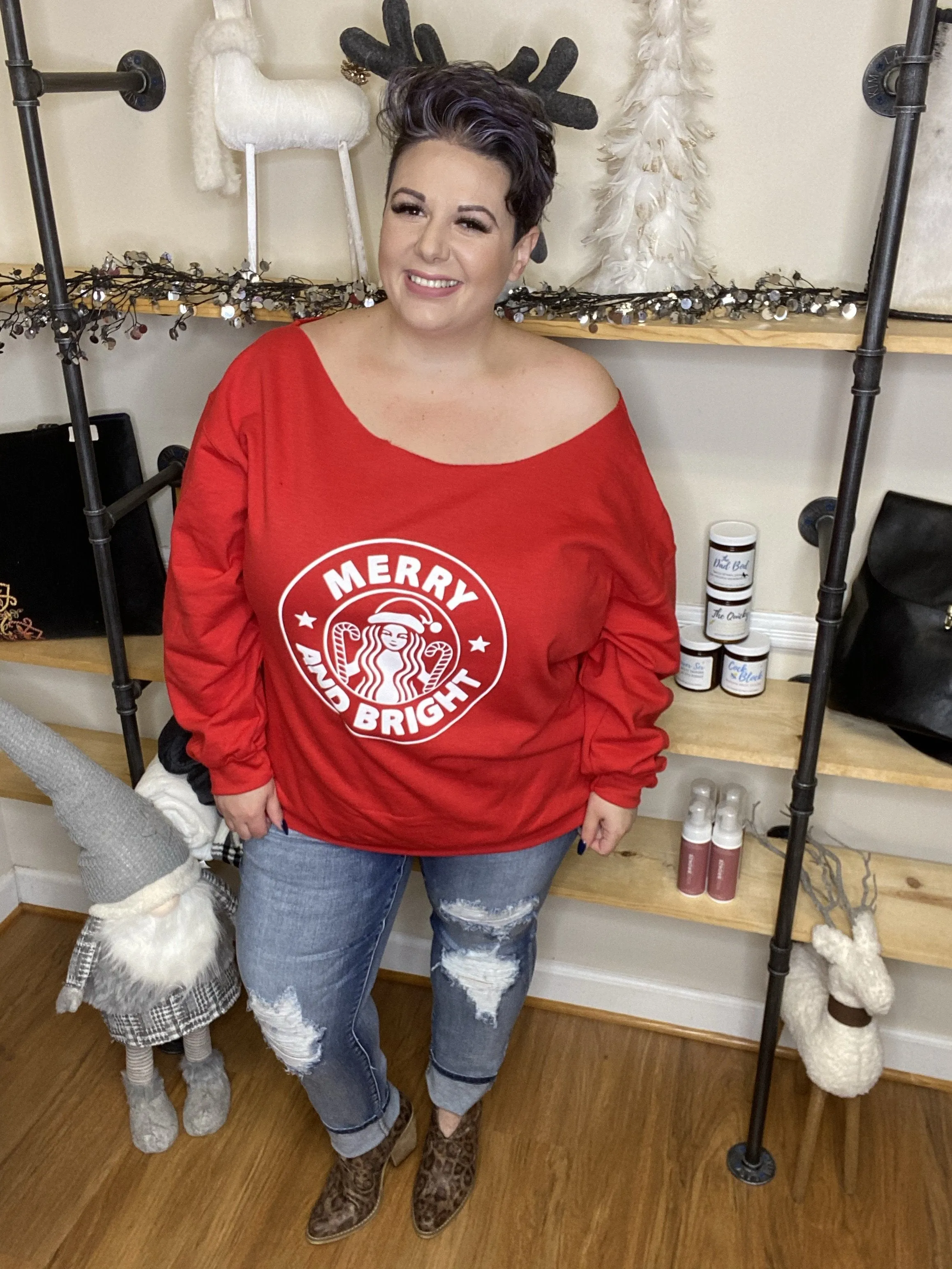 #H58 Merry And Bright Off The Shoulder Sweatshirt