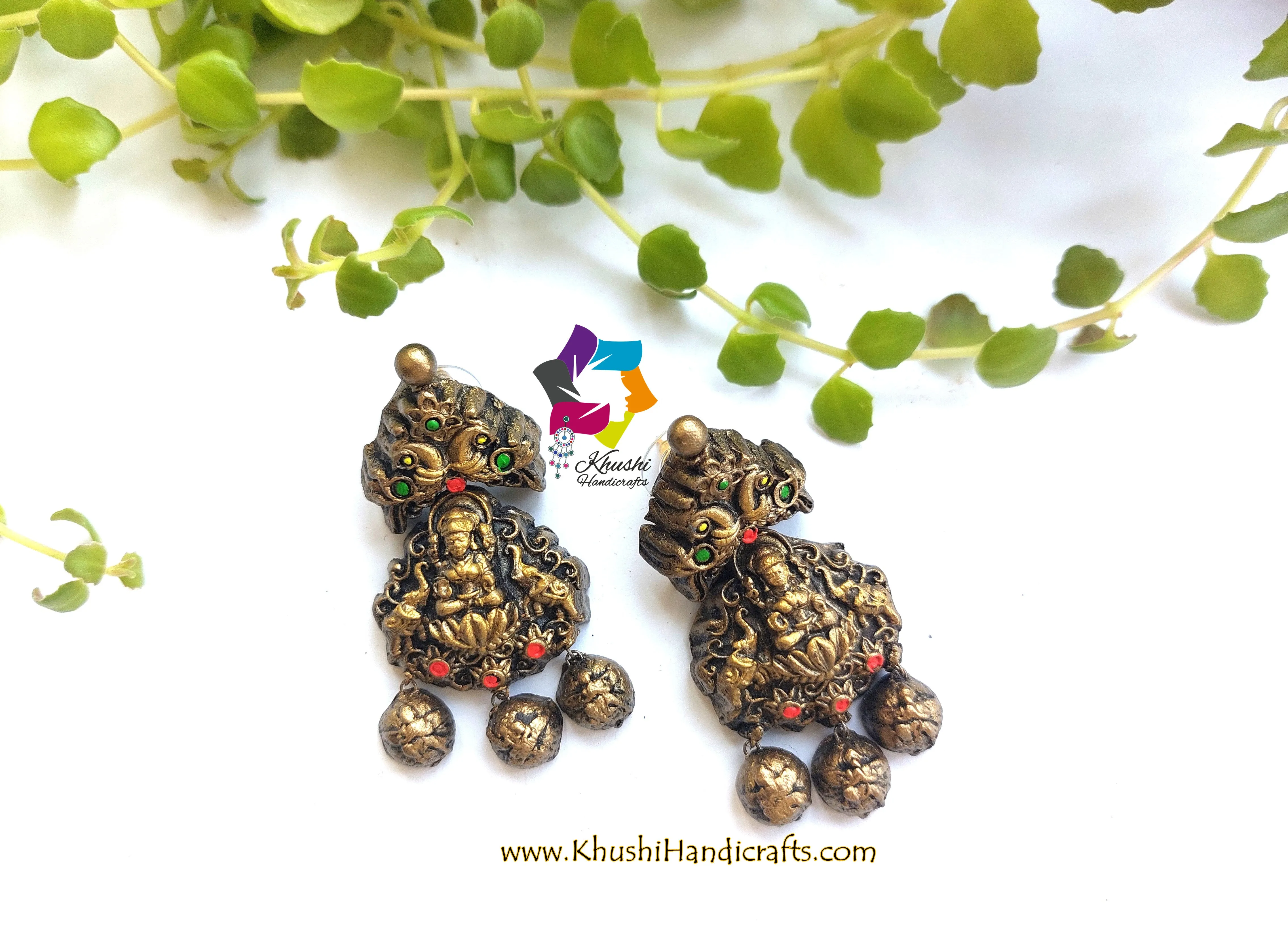 Handmade Terracotta Lakshmi Earrings in Gold shade