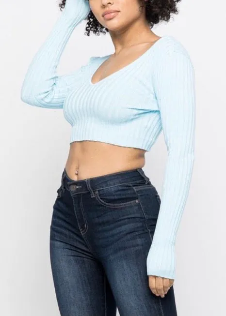 Hera Collection Long Sleeve V-Neck Off Shoulder Crop Top (Baby Blue) 21915