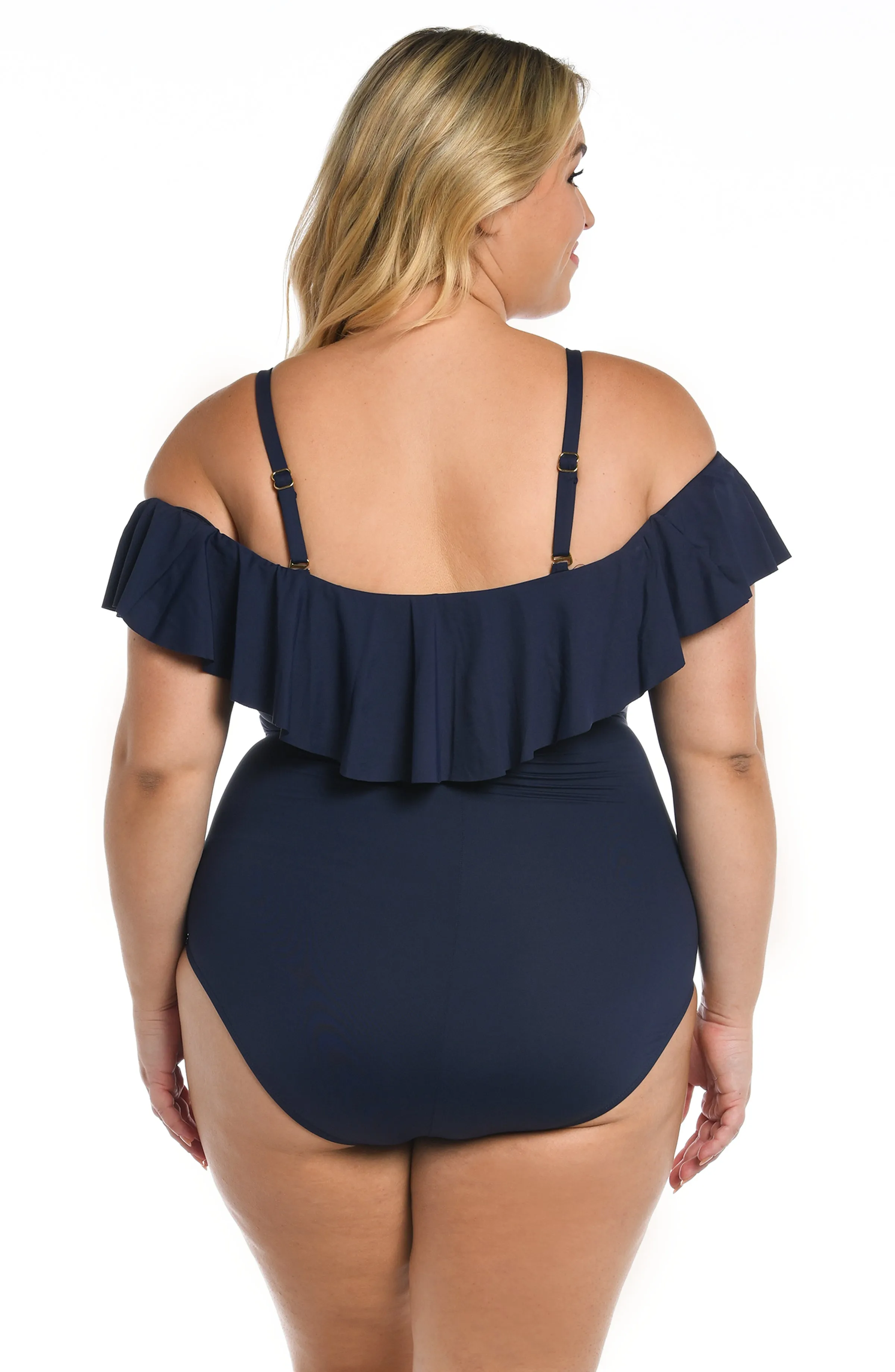 Island Goddess Off Shoulder Ruffle One Piece - Indigo