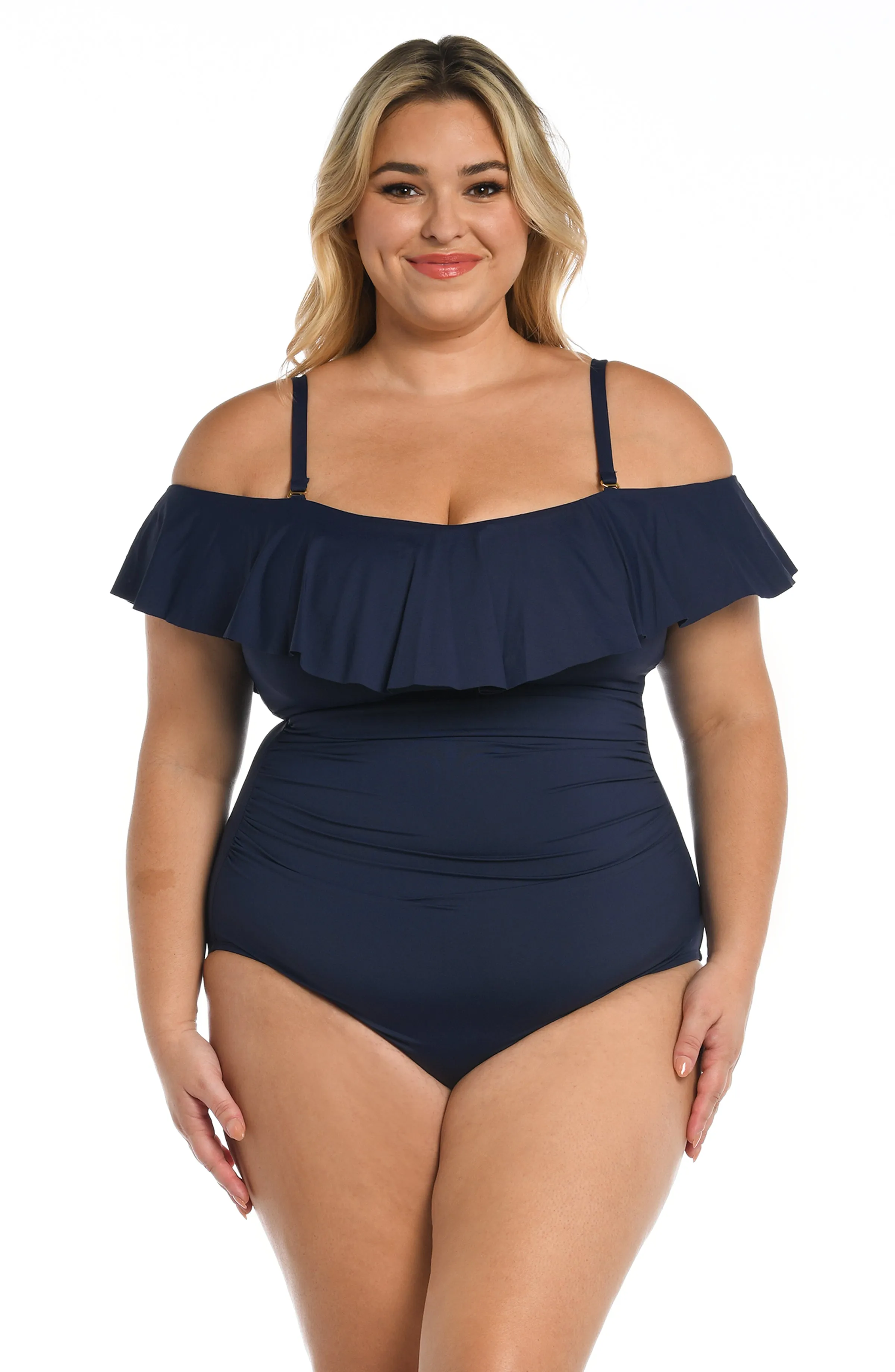 Island Goddess Off Shoulder Ruffle One Piece - Indigo