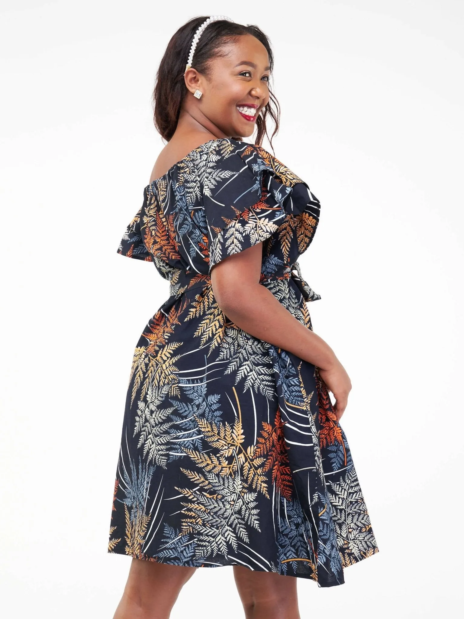 Izulu Amali 2 Leafy Off Shoulder Dress - Black Print