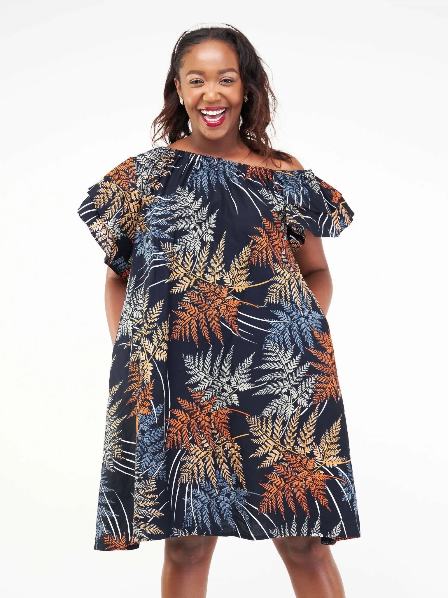 Izulu Amali 2 Leafy Off Shoulder Dress - Black Print