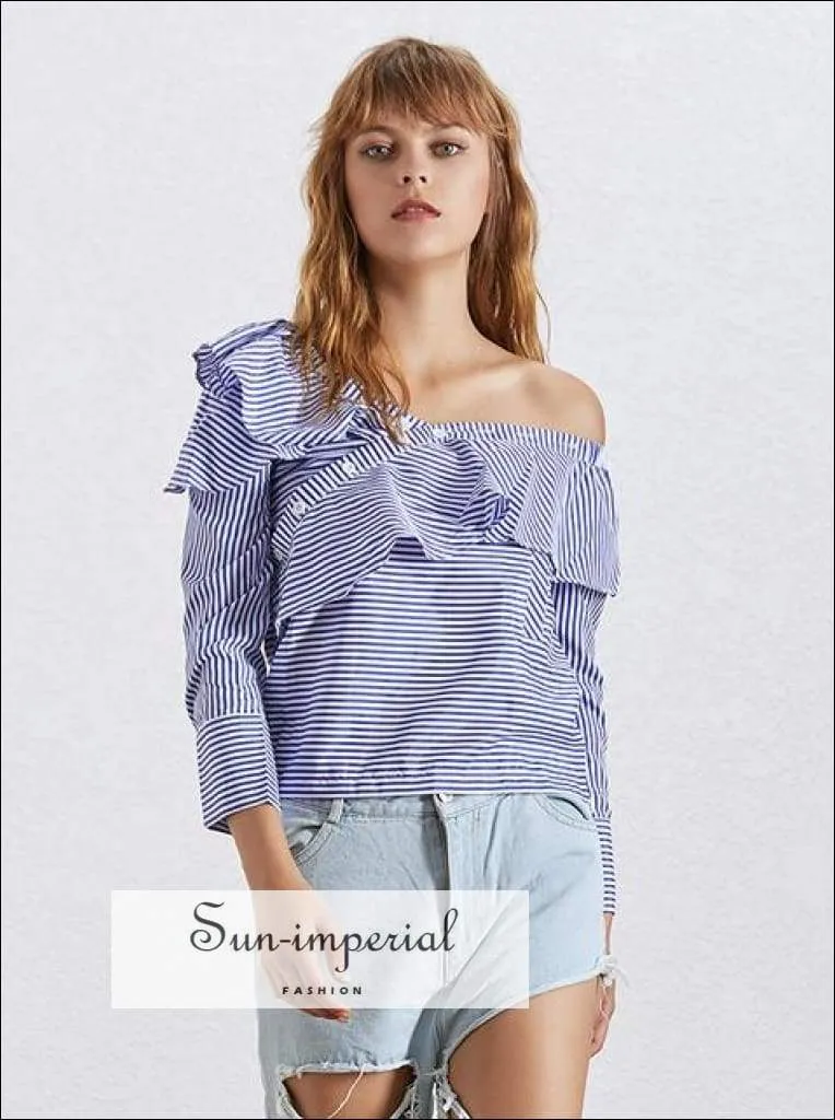 Jillian top - off Shoulder Skew Collar Women Shirt Ruffle Long Sleeve Striped Blouse