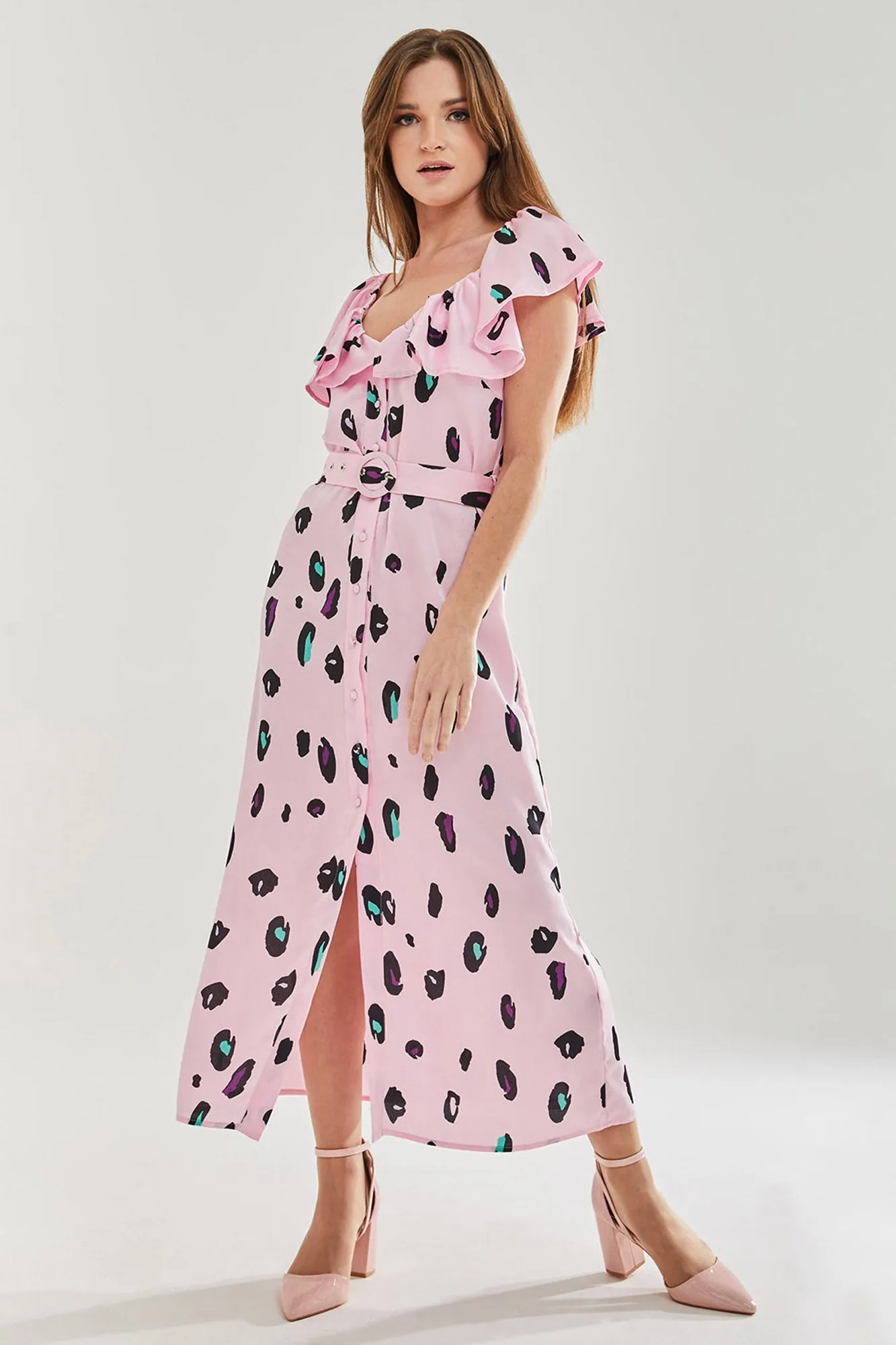 Liquorish Belted Midi Dress With Off Shoulder Sleeves