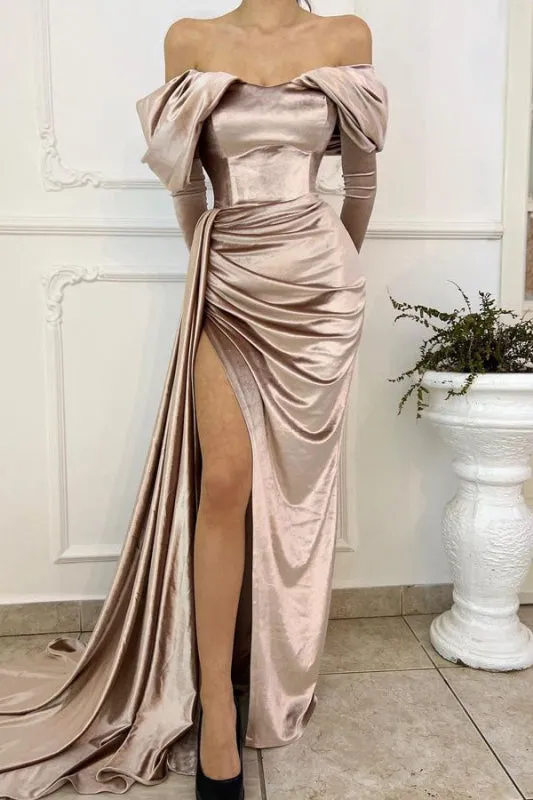 Long Sleeve Mermaid Prom Dress with Off-The-Shoulder Slit