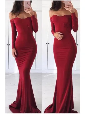 Mermaid Burgundy Prom Dress Off The Shoulder Long Sleeve Prom Dress #ER430