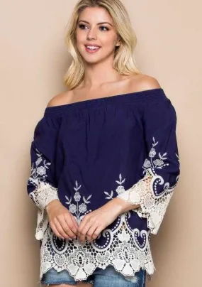 Miranda  Blue Off The Shoulder Lace Top