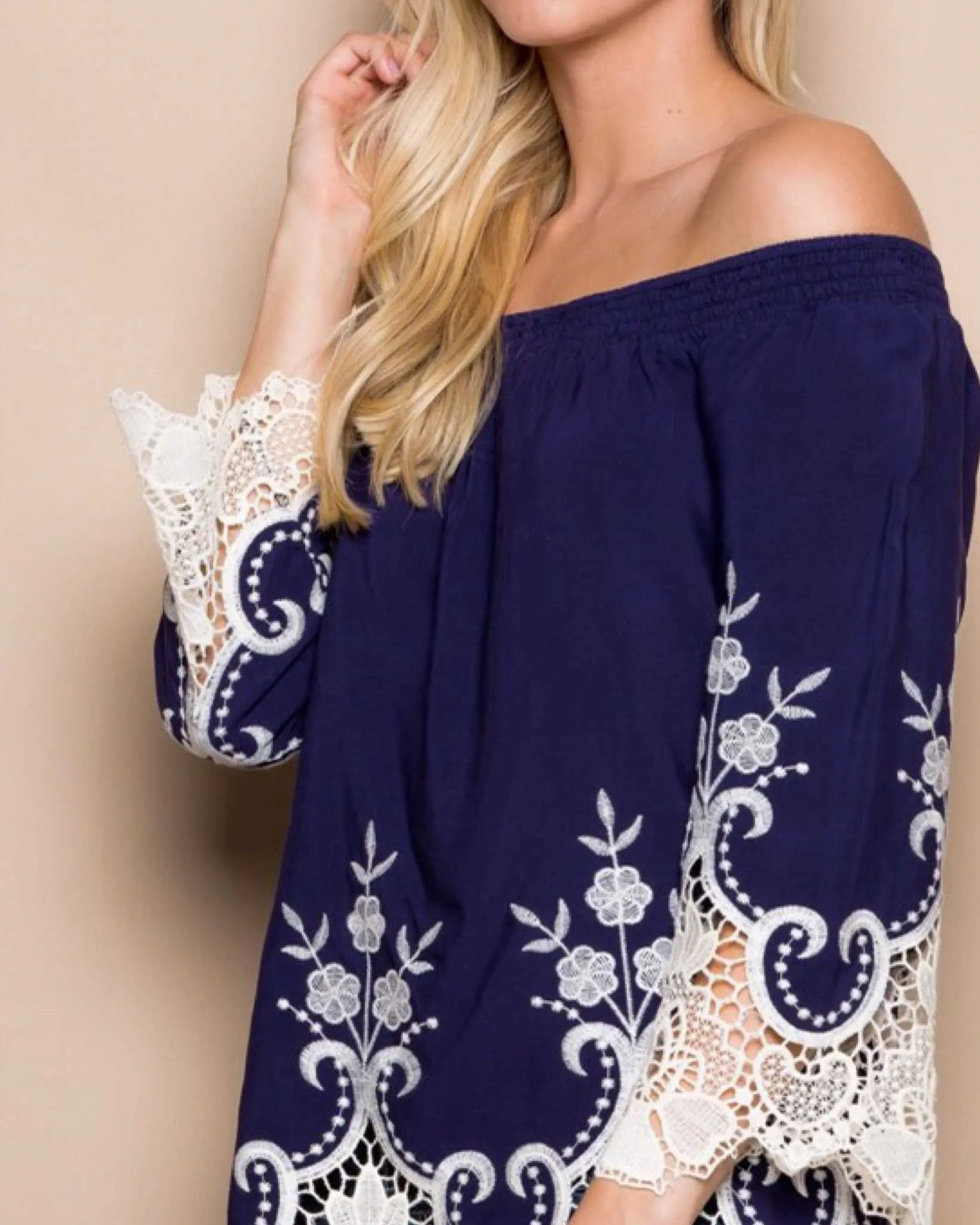 Miranda  Blue Off The Shoulder Lace Top