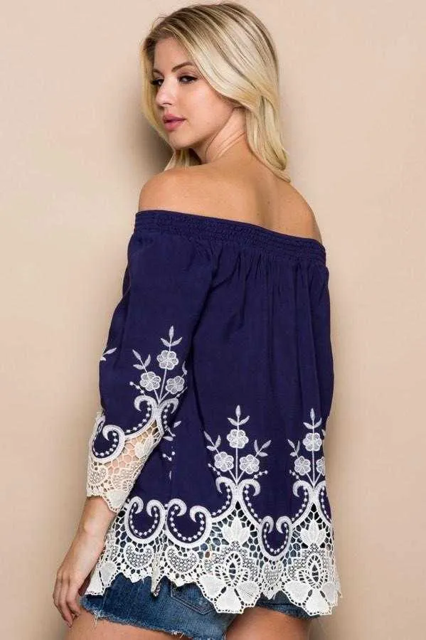 Miranda  Blue Off The Shoulder Lace Top