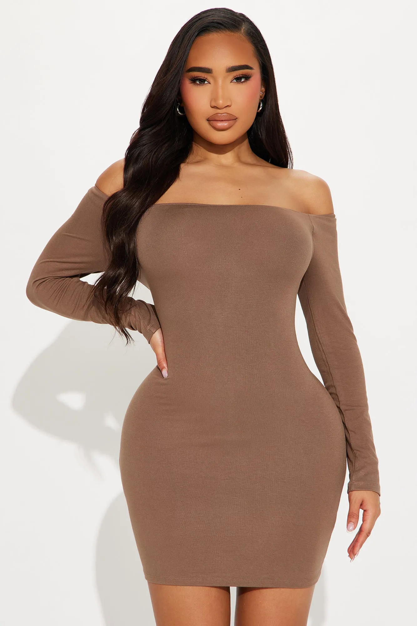 My Go To Off Shoulder Mini Dress - Mocha