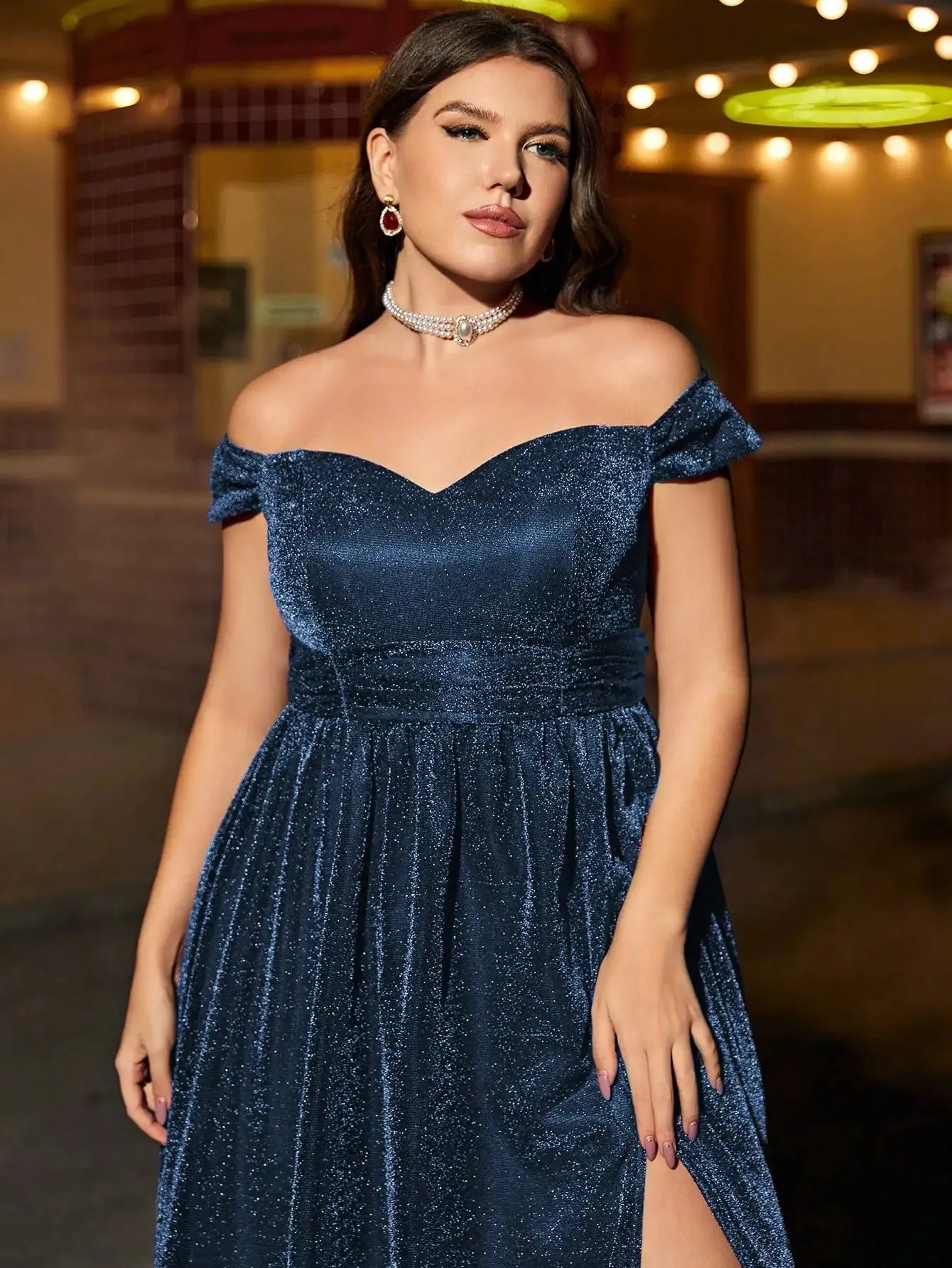 Navy Plus Size Off The Shoulder Party Dress