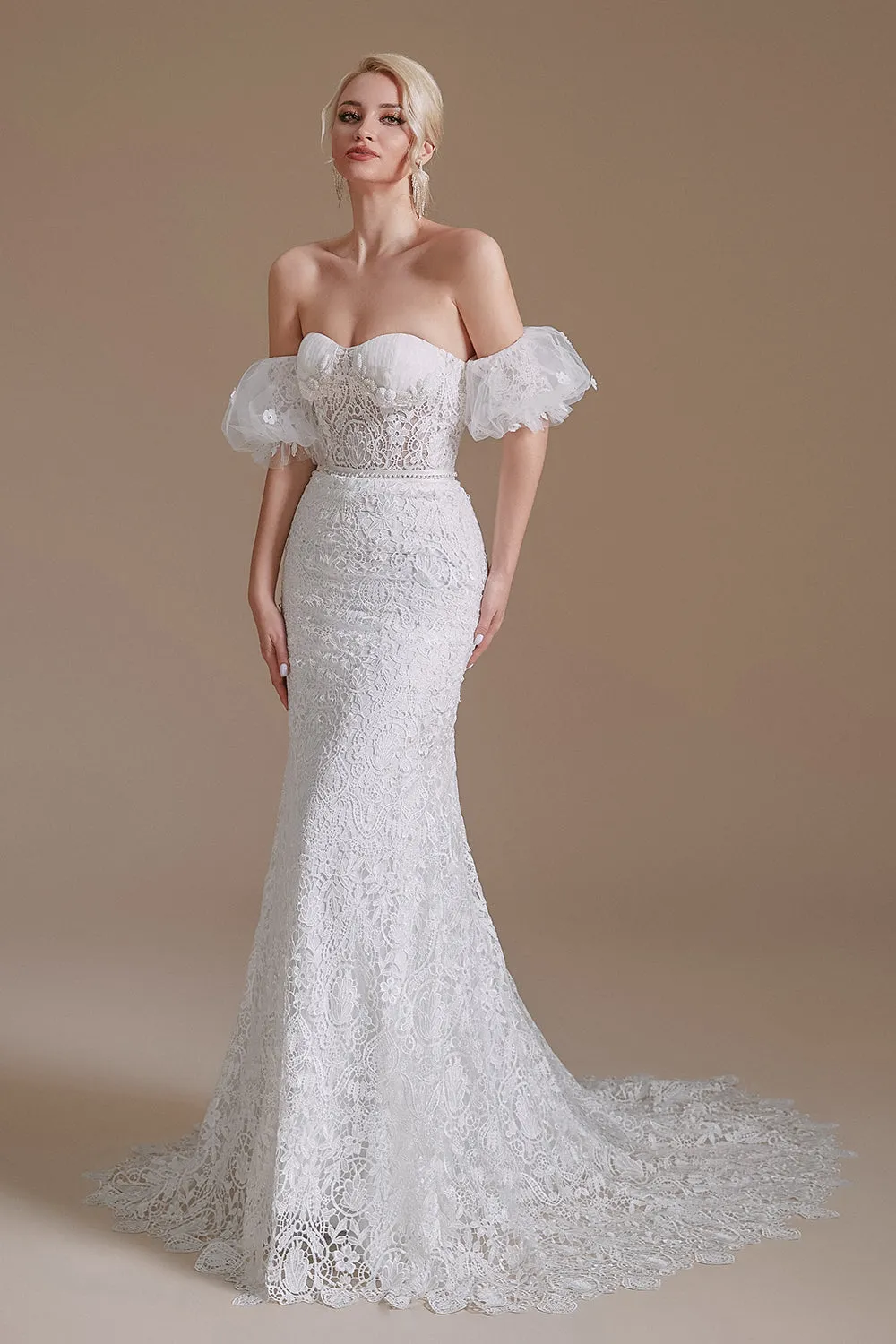 New Arrival Sweetheart Off the Shoulder Lace Long Beach Wedding Dresses