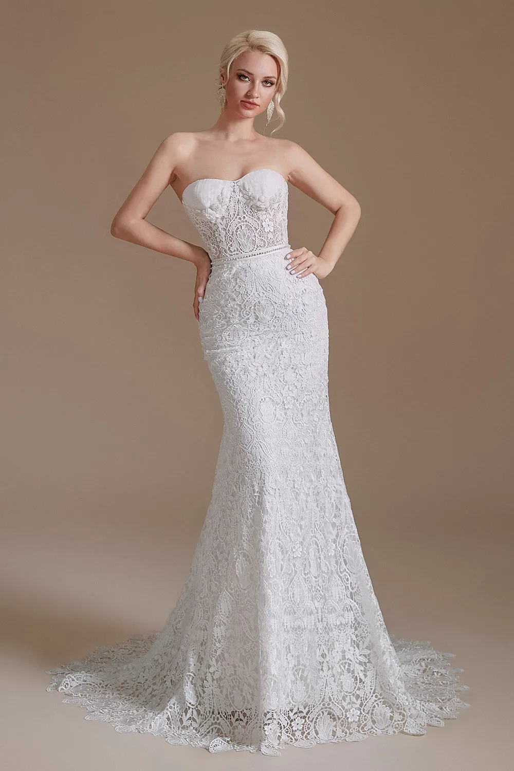 New Arrival Sweetheart Off the Shoulder Lace Long Beach Wedding Dresses