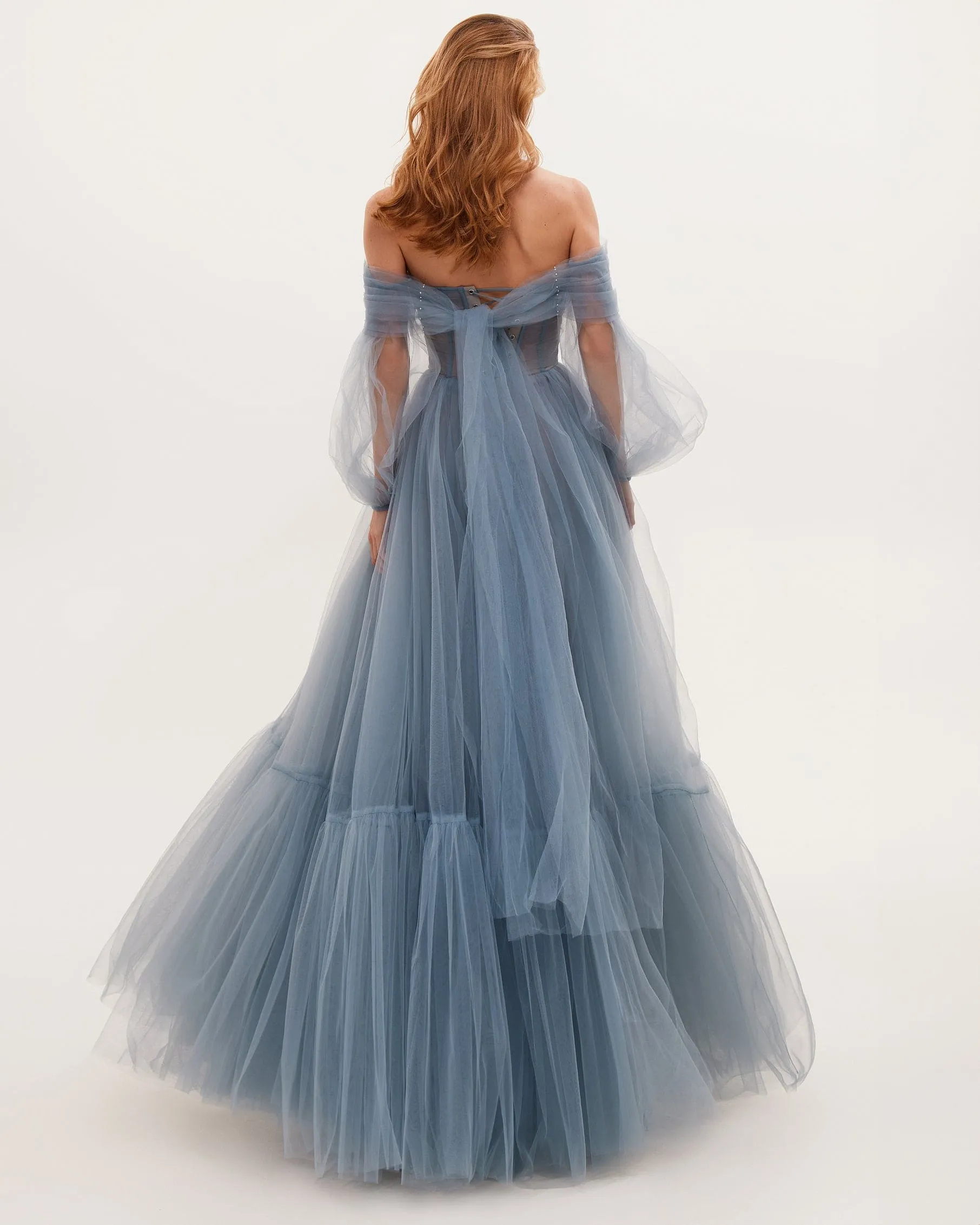 Ocean Wave Sheer Sleeves Maxi Tulle Dress