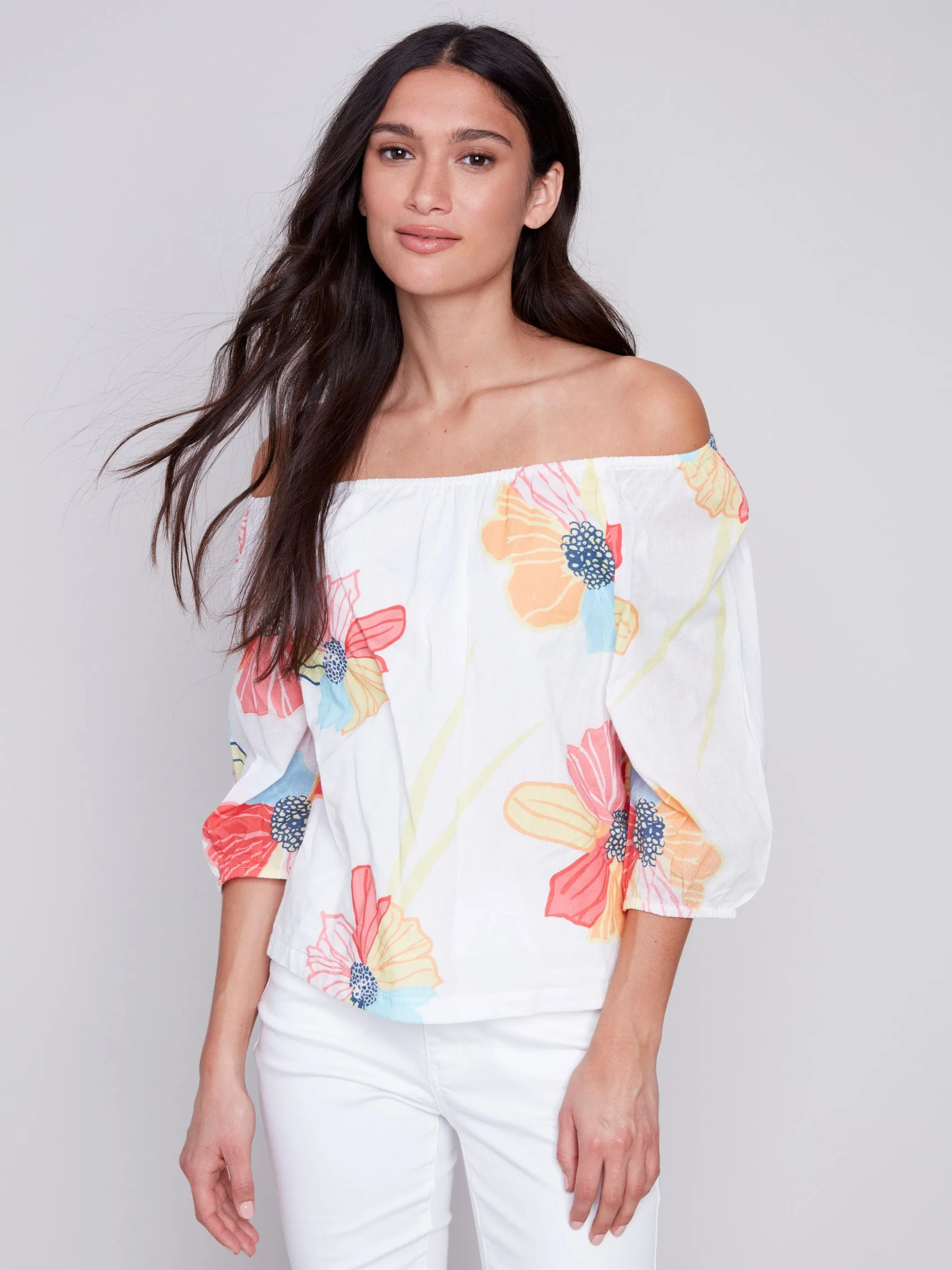 Off-The-Shoulder Cotton Blouse - Flowers