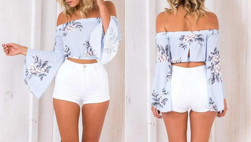 OFF-THE-SHOULDER CROPPED FLORAL TOP