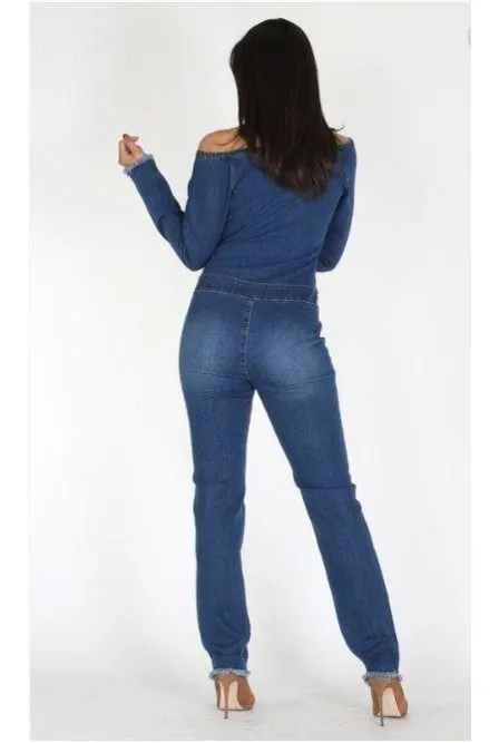 Off The Shoulder Long Sleeve Denim Jumpsuit