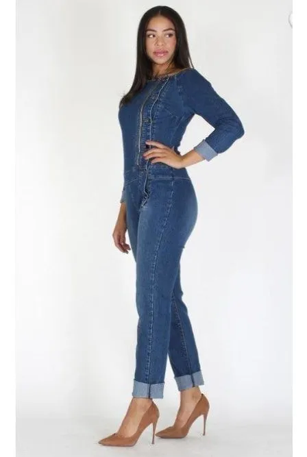 Off The Shoulder Long Sleeve Denim Jumpsuit