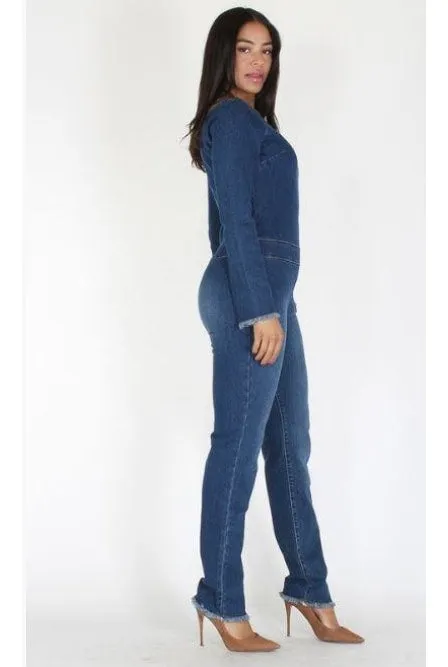 Off The Shoulder Long Sleeve Denim Jumpsuit