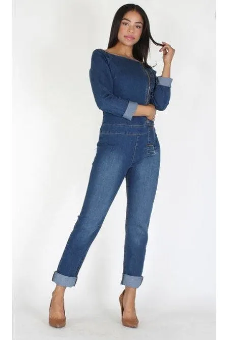 Off The Shoulder Long Sleeve Denim Jumpsuit