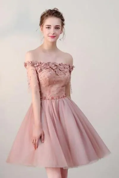 Off the Shoulder Short Sleeve Pink Above Knee Beads Flowers Lace up Homecoming Dress