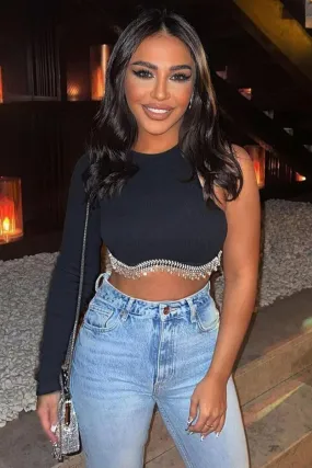 One Shoulder Rhinestone Fringe Ribbed Crop Top