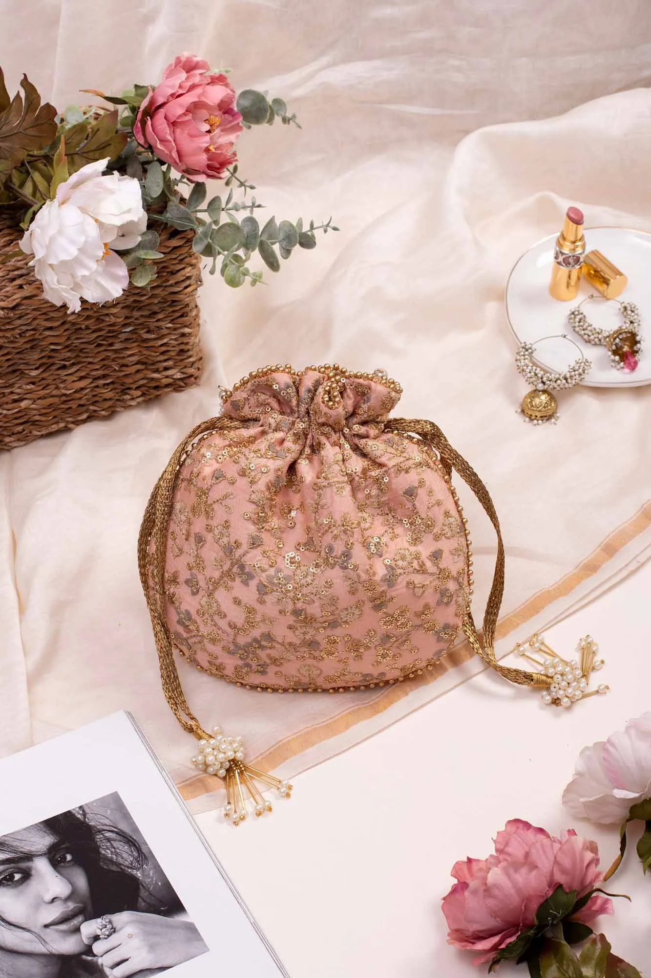 Peach floral embroidered potli bag