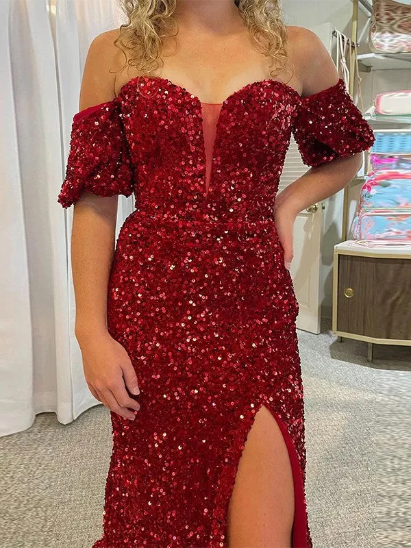 Red Sheath Off the Shoulder Short Sleeves Long Court Train Velvet Sequin Prom Dress (AF1053)