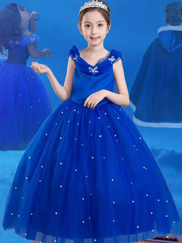 Royal Blue Flower Girl Dress Princess Beaded Little Kids Pageant Party Dress