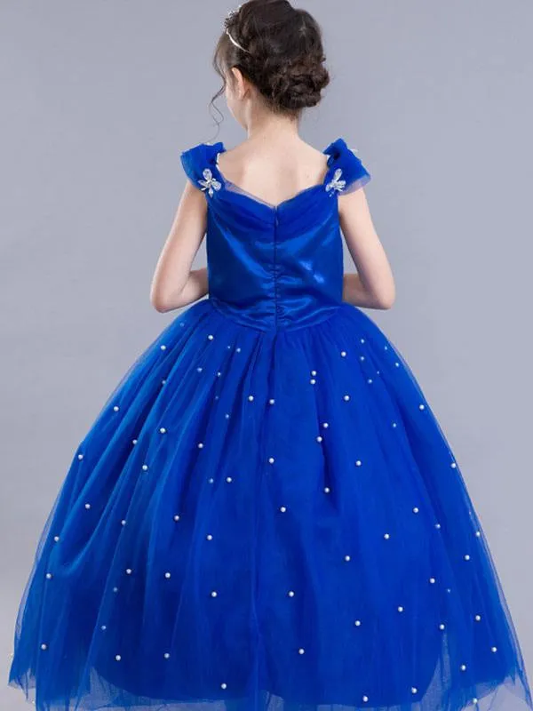 Royal Blue Flower Girl Dress Princess Beaded Little Kids Pageant Party Dress