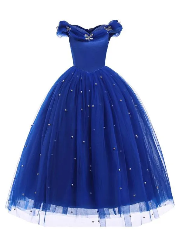 Royal Blue Flower Girl Dress Princess Beaded Little Kids Pageant Party Dress