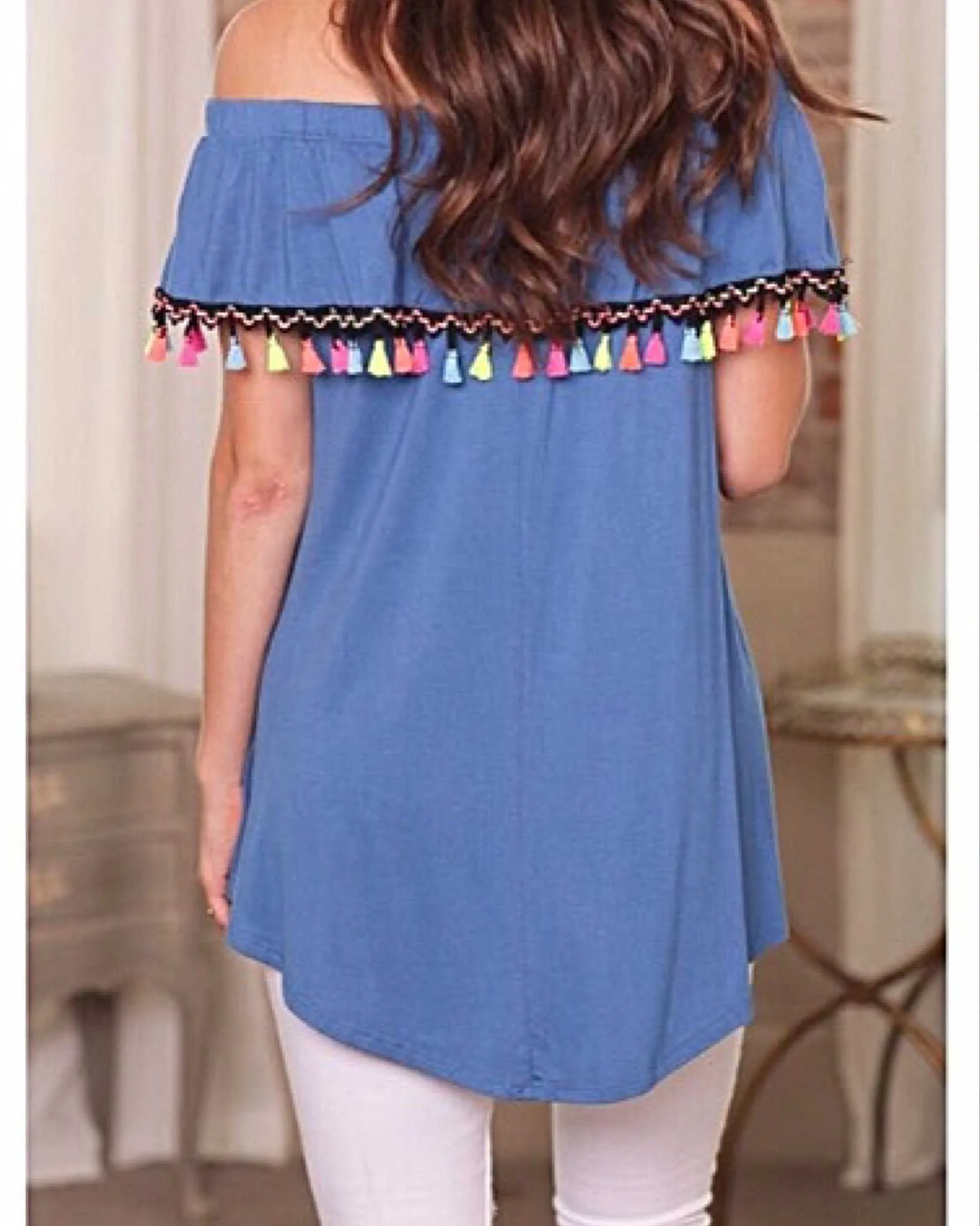 Royal Blue Pom Pom Fiesta Off The Shoulder Tunic