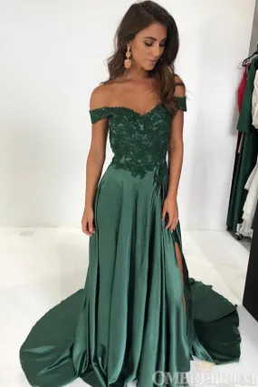 Simple Off Shoulder Satin A Line Lace Top Long Prom Dresses